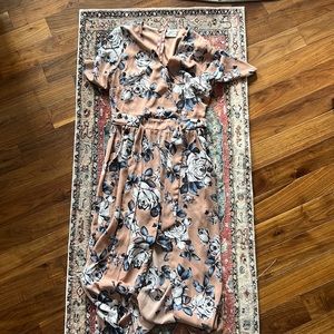 Pink sienna sky high low garden dress with blue roses and a tie